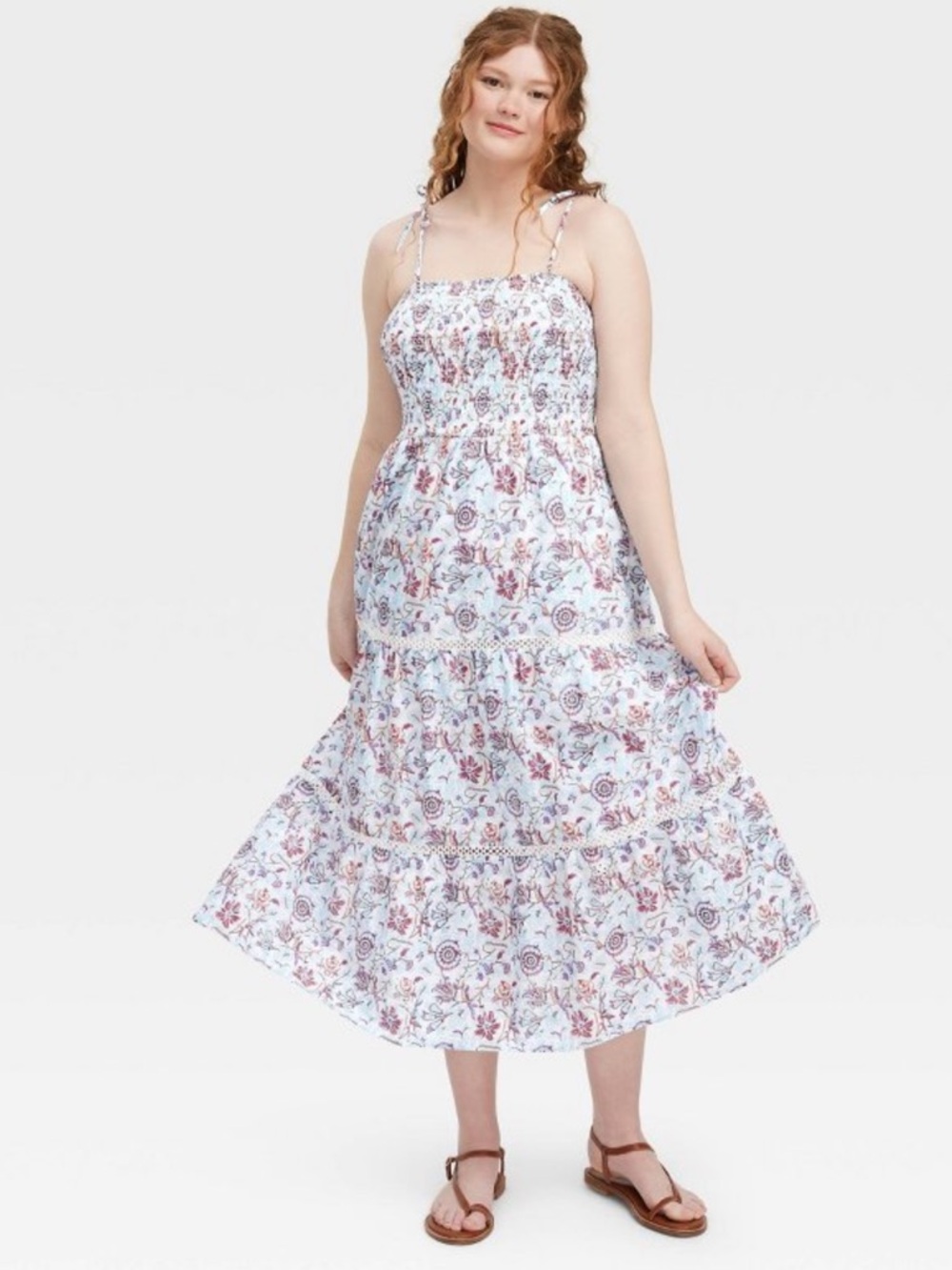 Roller Rabbit White Midi Dress with Pink and Mauve Floral XS
